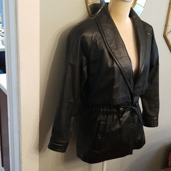 Wilsons Leather Black Shawl Collar Drawstring Waist V-Neck Leather Jacket Sz.XS - Picture 2 of 8